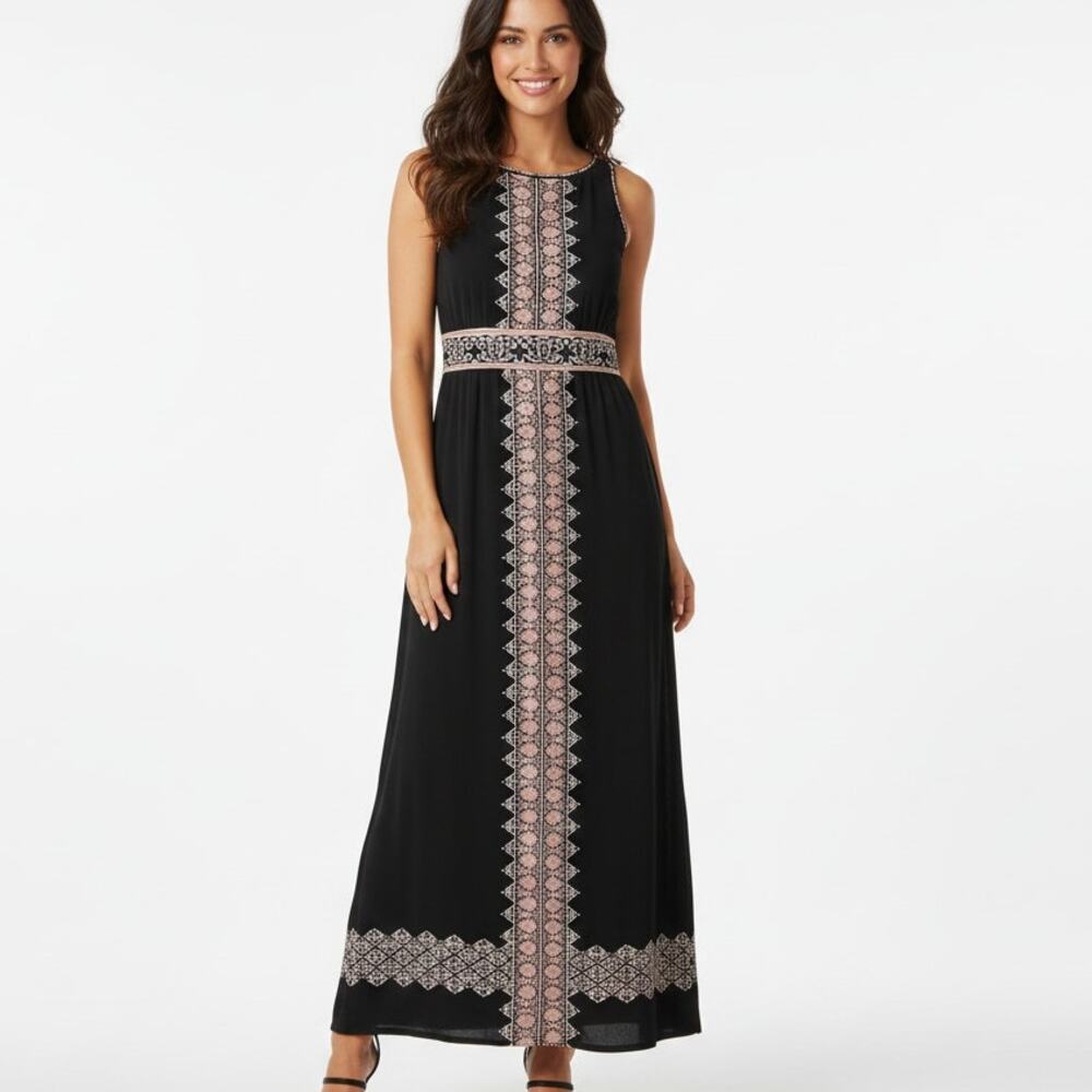 Max Studio Sleeveless Maxi Dress Womens Large Navy Pink Turkish Knot Print